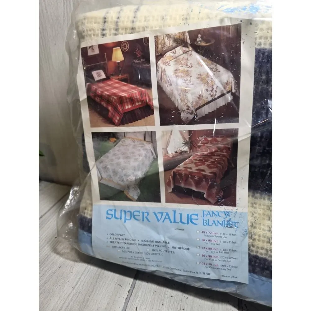 Vtg Super Value by Beacon Satin Trim Blanket Twin/Full Blue White Plaid USA NOS